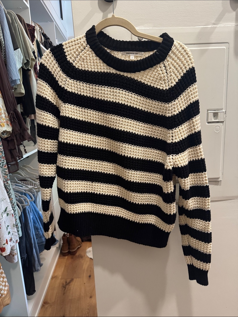 Emerson Fry Black & Cream Striped Crewneck Sweater